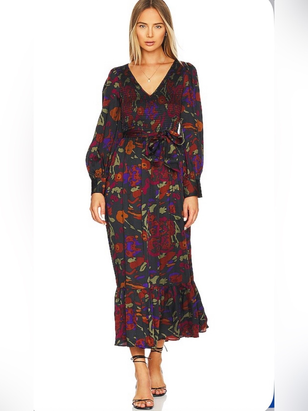 Cleobella Olive Maxi Dress with Orange, Purple & Pink Floral Print NWOT